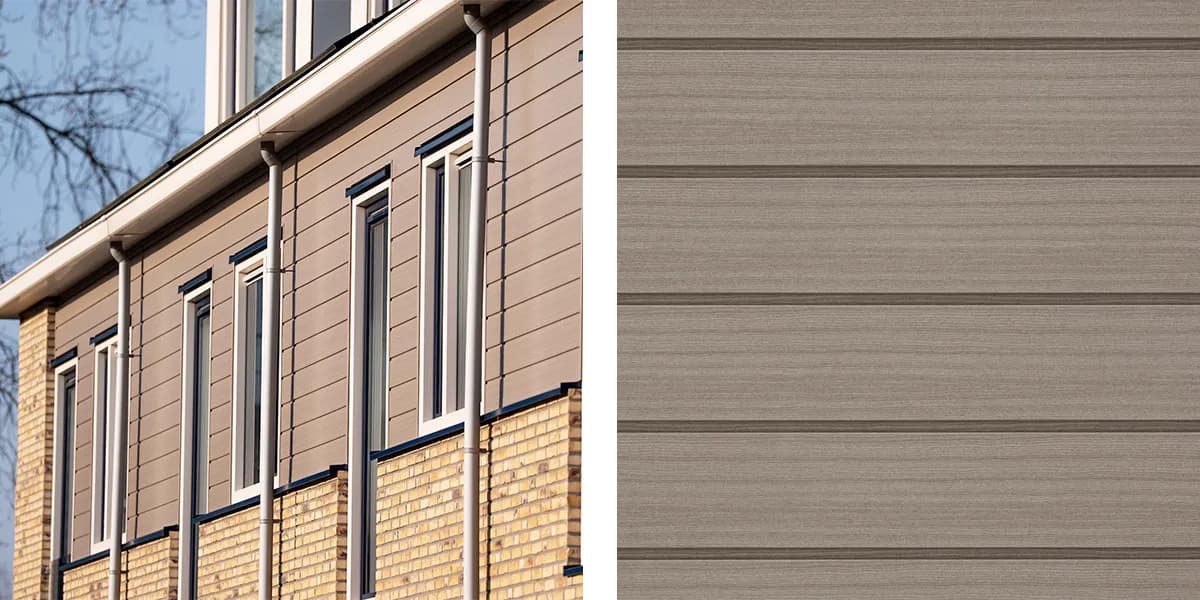 Keralit Sponningdeel 167 mm in vergrijsd ceder op huis en close-up